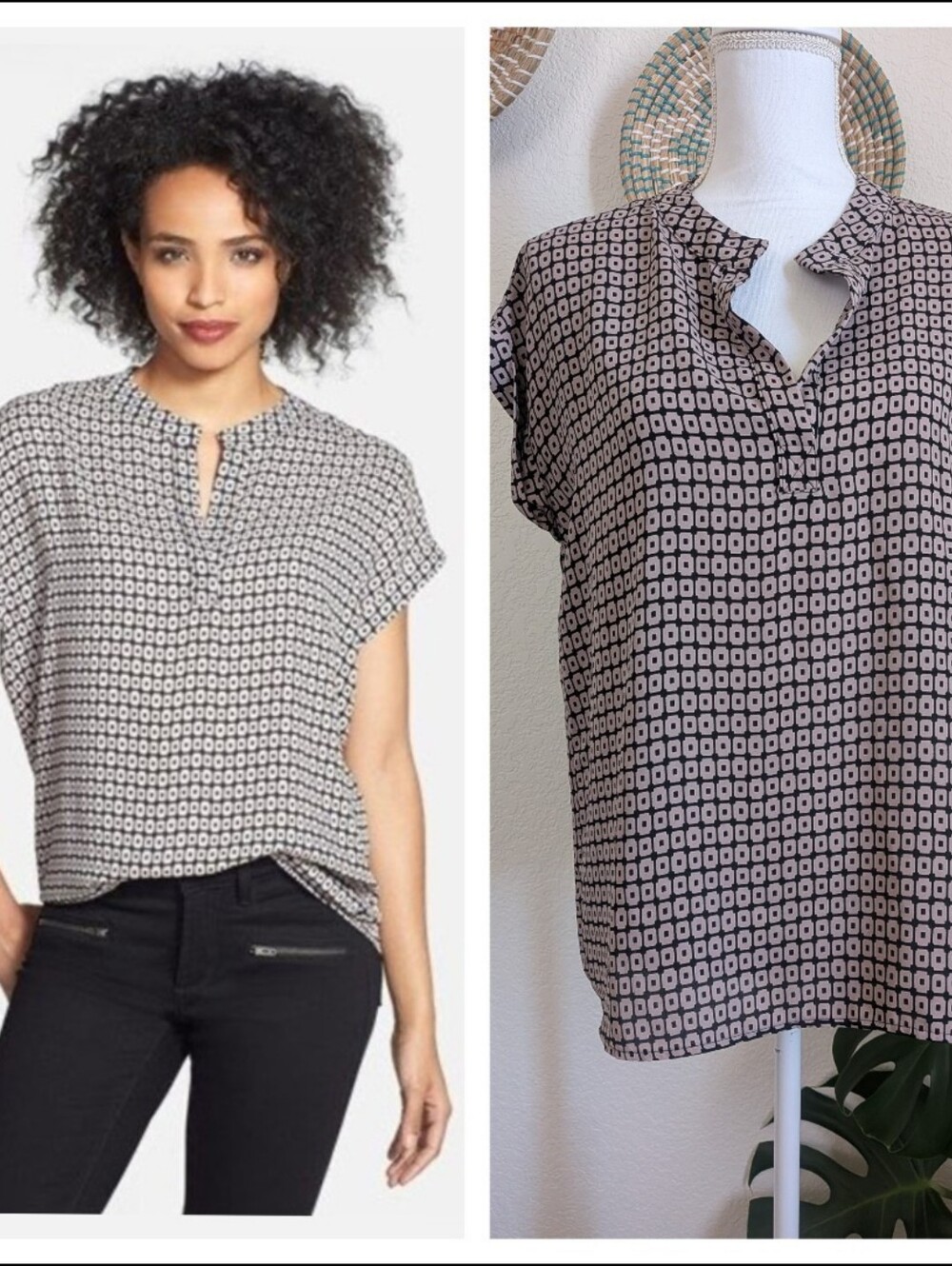 Pleione Black Brown Printed Tunic Blouse Small Rayon